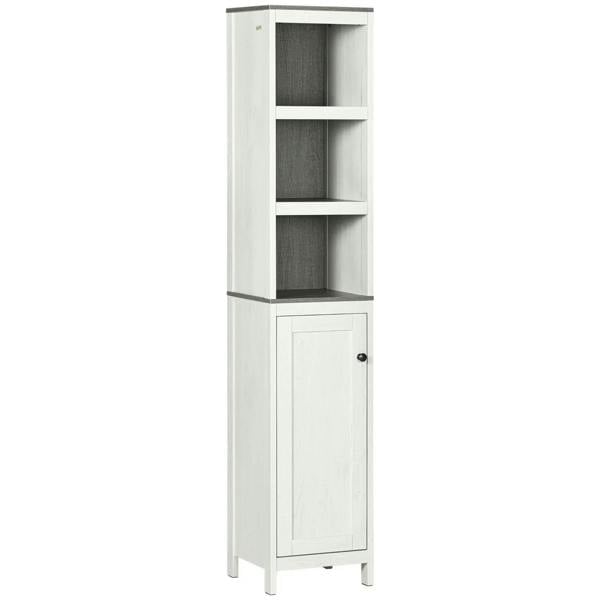 Antique white freestanding tower cabinet with 3 open shelves and a bottom single-door cabinet