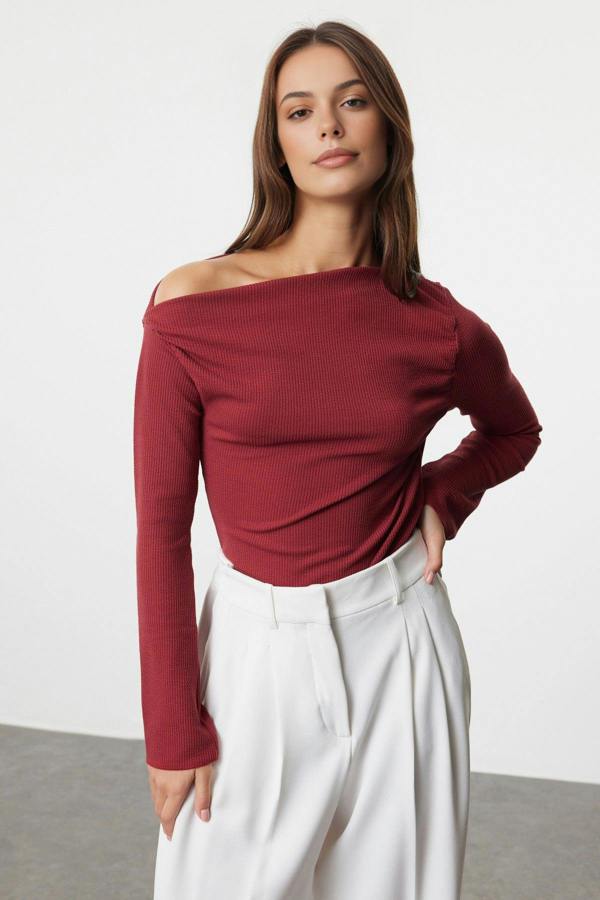 WOVCOR Draped Boat Neck Asymmetrical Long Sleeve Knit Blouse
