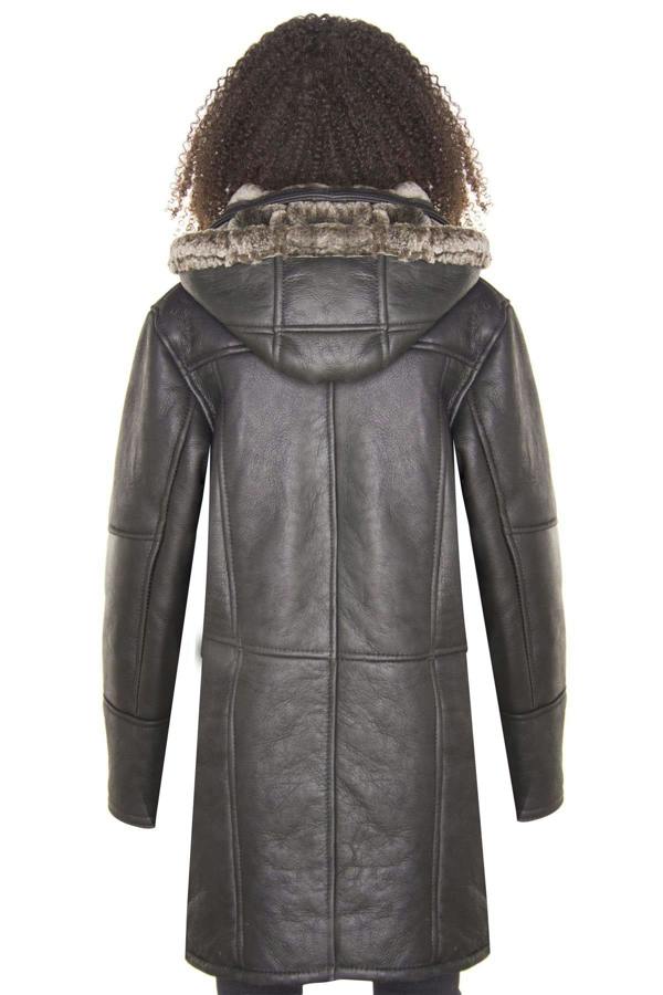 Infinity Leather Womens Black Shearling Hooded Duffle Coat-Lille