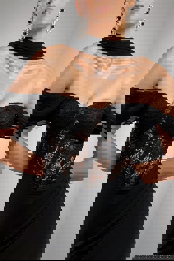 Scalloped Lace & Chiffon Winged Corset Bodice Maxi Dress - Black DR4397