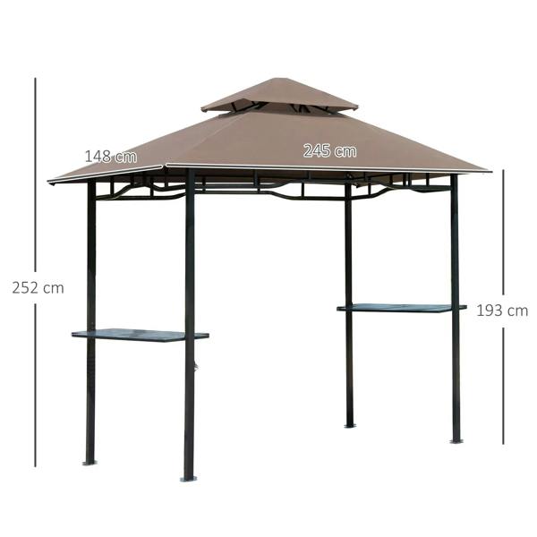 Brown double-tier grill gazebo canopy with open sides and two attached side shelves
