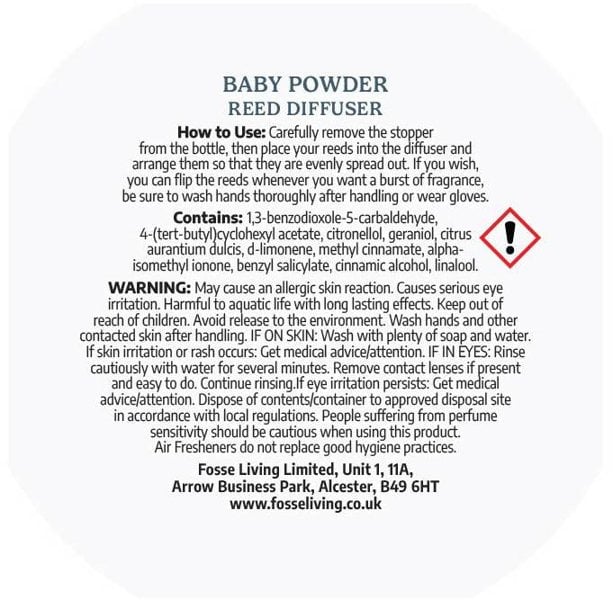 Baby powder scented reed diffuser refill CLP label