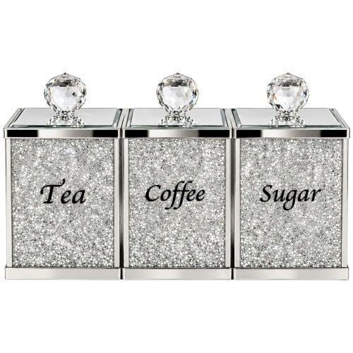 smartbies 3 Piece Tea Coffee Sugar Canisters Set – Crushed Crystal Storage Jars with Mirrored Lids & Crystal Knobs – Luxury Kitchen Containers