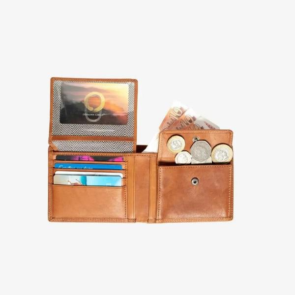 Tan leather wallet with card slots and coin pocket on a white background