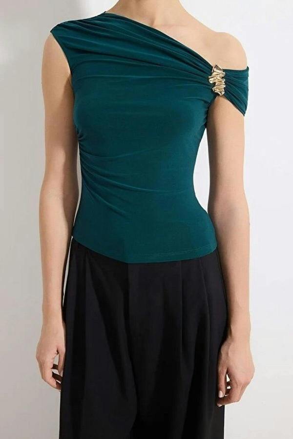 WOVCOR Fitted Asymmetrical Neckline Blouse with Accessory Detail Knit