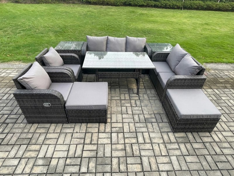 Fimous 9 Seater Garden Rattan Furniture Dining Table Sofa Set Indoor Outdoor with 2 Reclining Chairs 2 Side Tables 2 Big Footstool Dark Grey Mixed