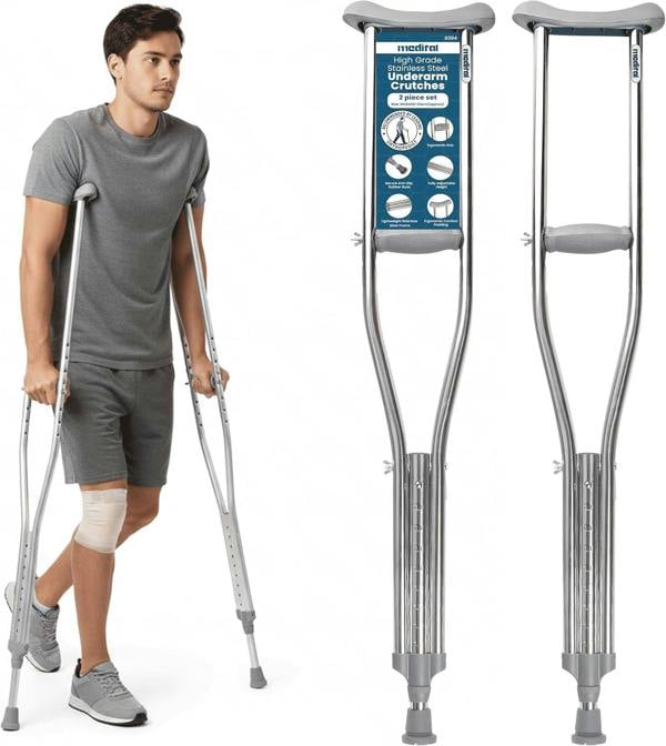 Medital Underarm Crutches for Adults - 2 Piece Lightweight 112–132cm Adjustable Stainless Steel Crutches with Ergonomic Grip