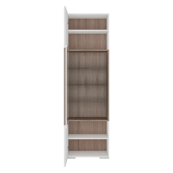 Wyld Haus Porto Tall Gloss White Display Cabinet Oak Detail 1 Door and 4 Shelves with Light