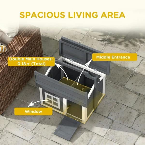 Grey rabbit hutch with double-door access and open middle entrance, top lowered