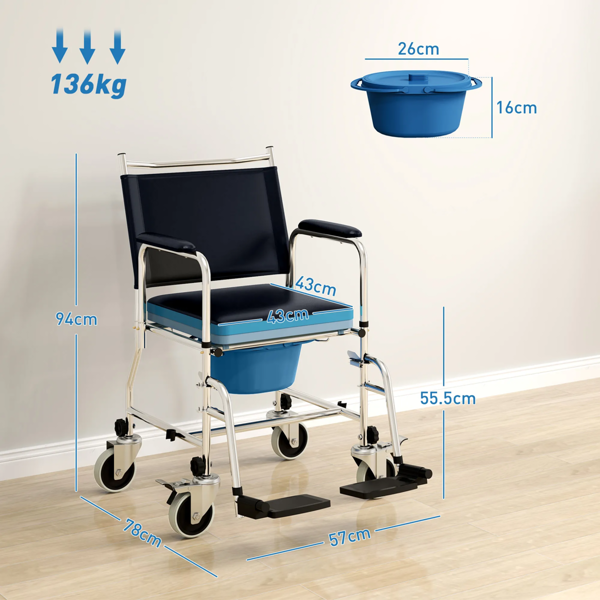 HOMCOM Rolling Shower Chair with Wheels, Bedside Commode Wheelchair for Seniors