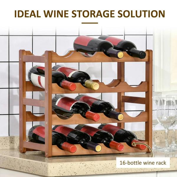 Brown bamboo wine rack with four levels of semicircle bottle cradles, 16-bottle