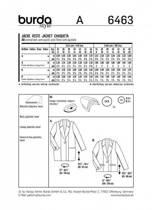 Burda Sewing Pattern 6463 Jackets For Women, 8 to 20 - Intermediate