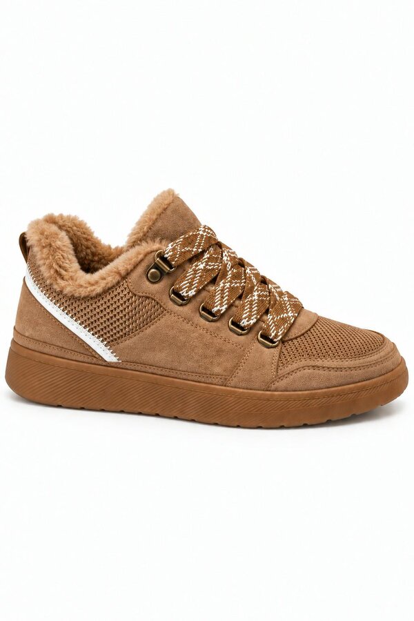 Love Lemonade Hudson Comfort Faux Suede Check Lace Faux Fur Lined Trainers Camel