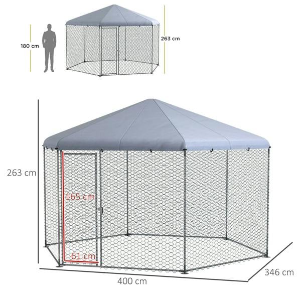 Large chicken run enclosure with grey fabric roof and chain-link mesh walls
