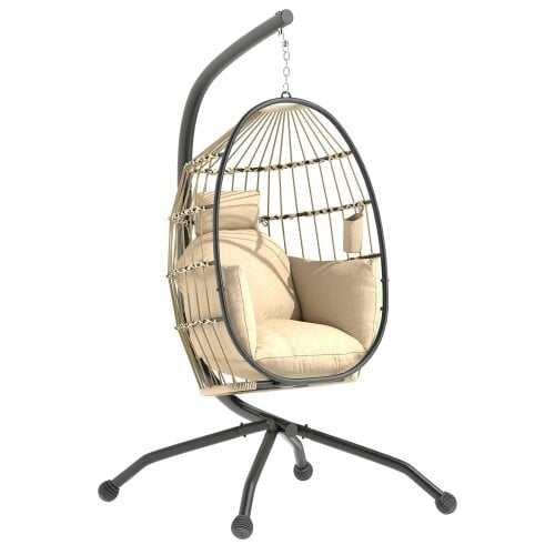 Bobobiy Hanging Egg Chair Garden Swing Chair with Folding Basket and Thickened Cushion, Garden Hanging Chair with Stand, Headrest, Cup Holder, Khaki