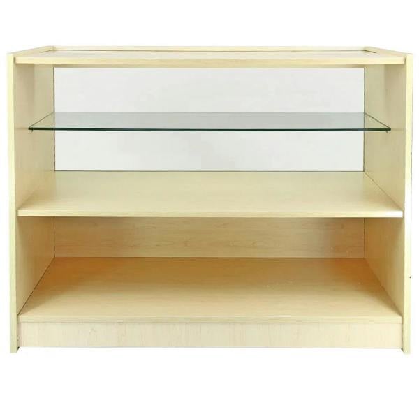 Maple wood retail display counter featuring a sleek design, two spacious shelves, and a glass top for showcasing products