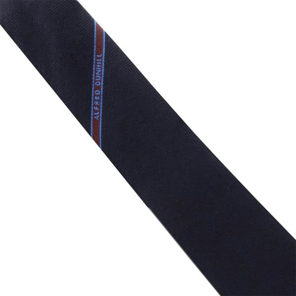 Dunhill herringbone woven pattern wool tie with selvedge detailing in blue and claret.&nbsp;