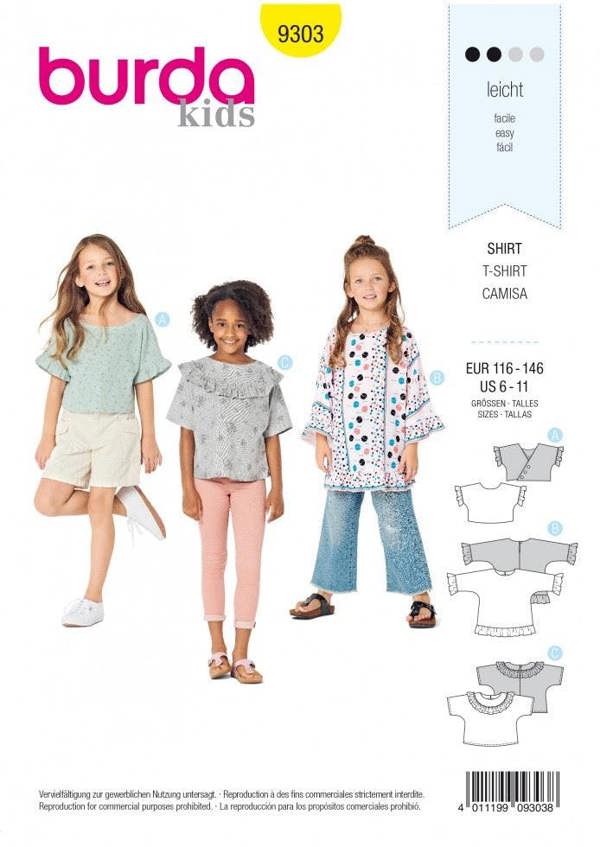 Burda Sewing Pattern 9303 Tops For Kids, 116cm-146cm - Easy