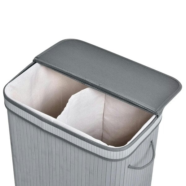 Bobobiy 100L Natural Wood Laundry Basket A Compartment with Flip Lid Removable Lining Handles Board Base Foldable Durable Water-Resistant Dirty Grey