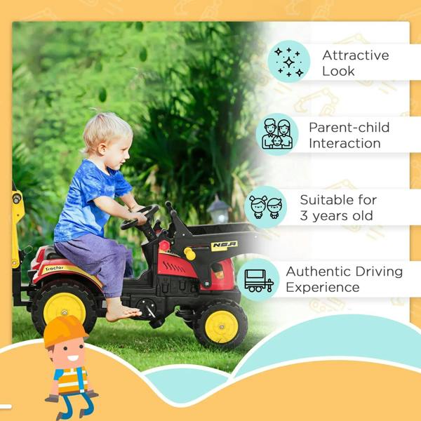 Red and yellow kids pedal excavator ride-on toy with bucket on paved walkway