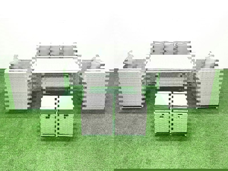 Fimous Garden Dining Set Outdoor Rattan Furniture Set with Sofa Dining Table 2 Chairs 2 Small Footstools Light Grey Mixed