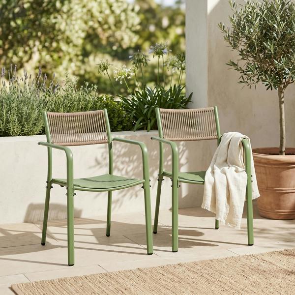 Core Products 3 Piece Bistro Garden Set, Pair Of Rope Back Armchairs & Square Plastic Table, Moss Green