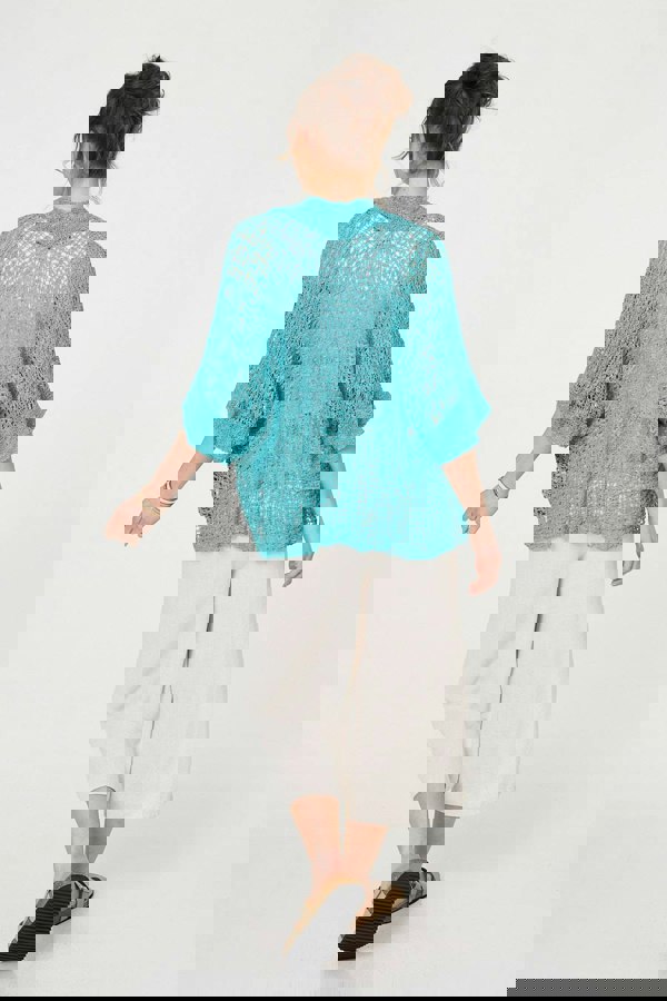 Turquoise | Crochet Knit Texture Waterfall Cardigan
