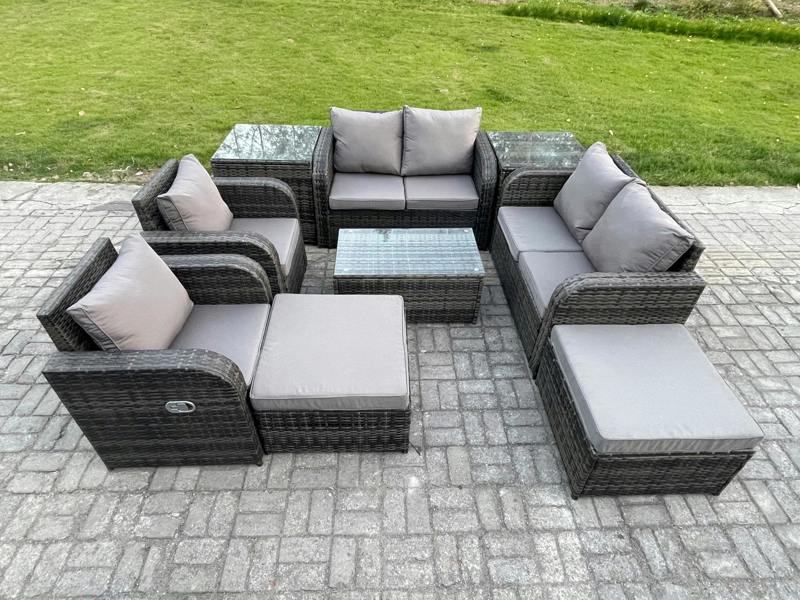 Fimous High Back Rattan Set, Loveseat Sofa, Coffee Table, 2 Side Tables and 2 Big Footstools, Indoor Outdoor Patio Lounge, Dark Grey Mixed