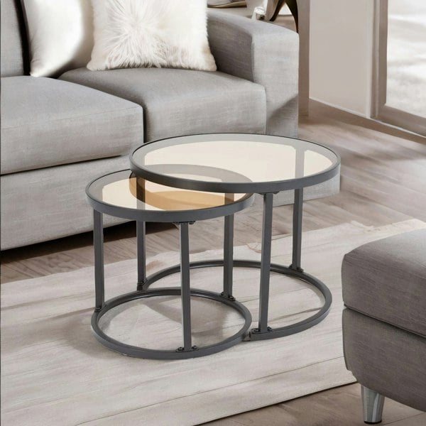 Rafaelo Mobilia Set Of 2 Round Nesting Tables With Tempered Glass Top Black