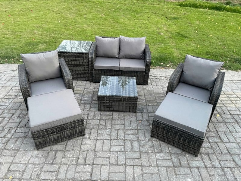 Fimous Rattan Garden Furniture Set Patio Conservatory Indoor Outdoor 6 Seater Set with Love Sofa Square Coffee Table 2 Big Footstool Side Table