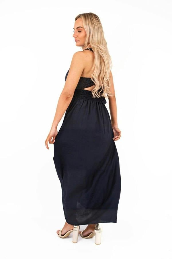 Talina Cross Back Maxi Dress With Ruched Waist - Navy