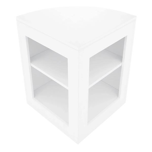 Sleek white corner display counter with two open shelves, designed for showcasing products in retail environments