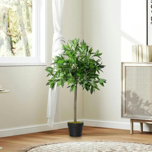 Artificial bay laurel topiary tree with green leaves and brown trunk, in black pot