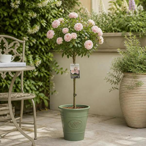 7.5L Standard Rose Tree Light Pink 100-110cm - Elegant Flowering Garden Rose Plant - Olive Grey Planter