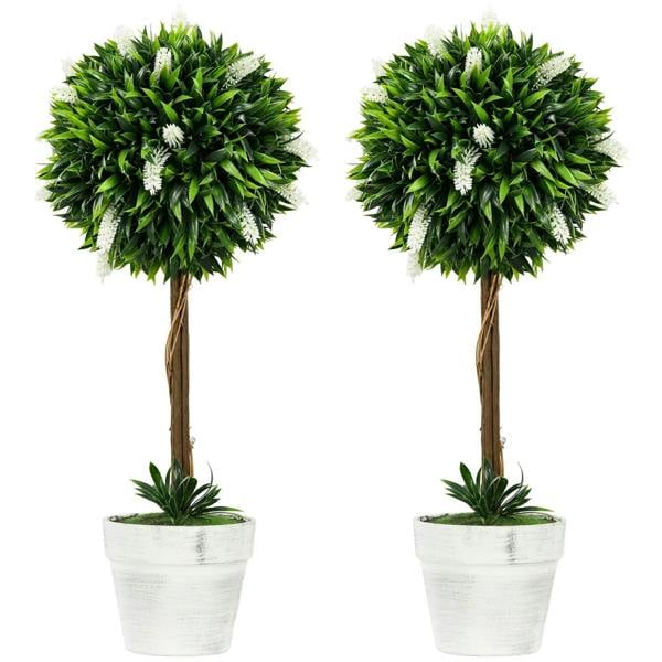 Set of two artificial green ball plants with small white blossoms, in white textured pots