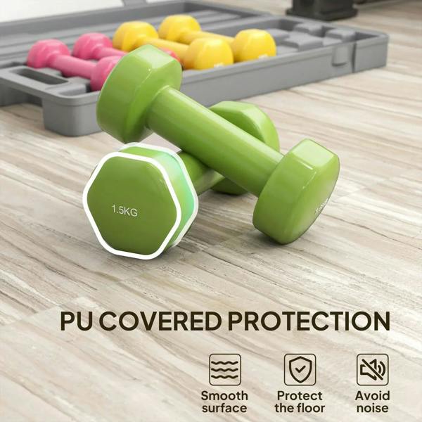 Green hex dumbbells with anti-slip rubber coating, with multicolor set in case
