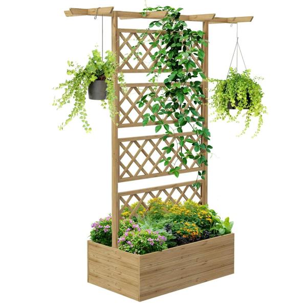 Natural wood raised planter with trellis lattice and hanging plant pots
