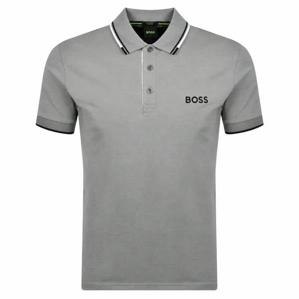 BOSS Paddy Pro polo shirt in medium grey with black and white tipped collar, button placket, and black logo embroidery.