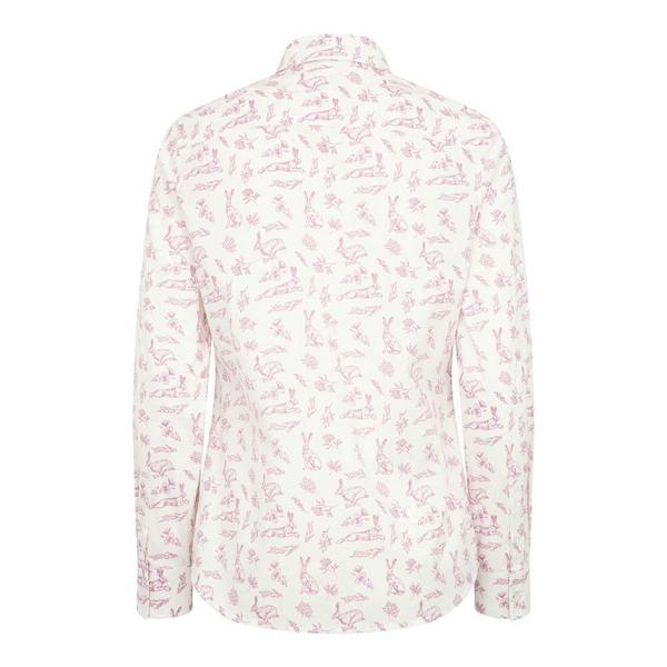 Back view of the Hoggs of Fife Hare Ladies Print Shirt in a pink countryside-inspired hare print design