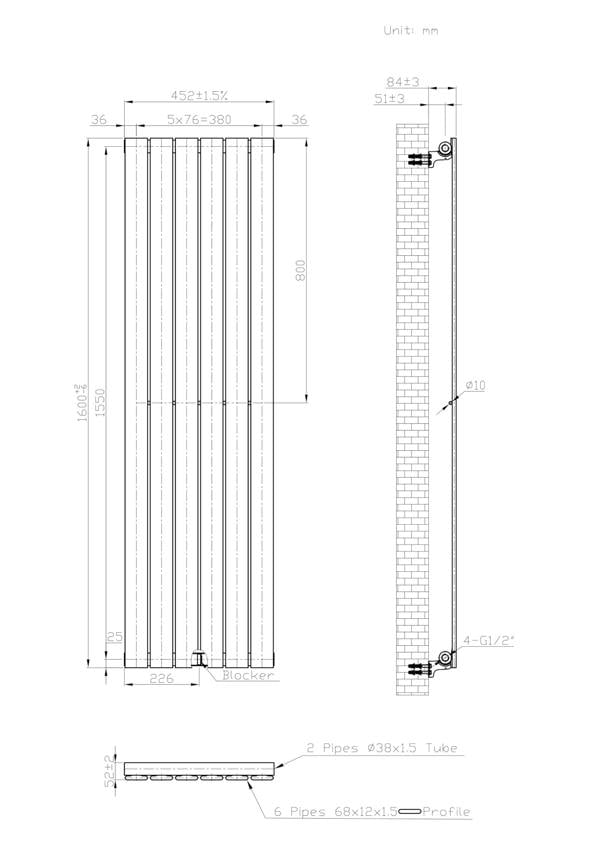MYHOMEWARE Anthracite Gray 452 x 1600 mm Modern Vertical Flat Panel Designer Radiator Single Panel Radiator Heater