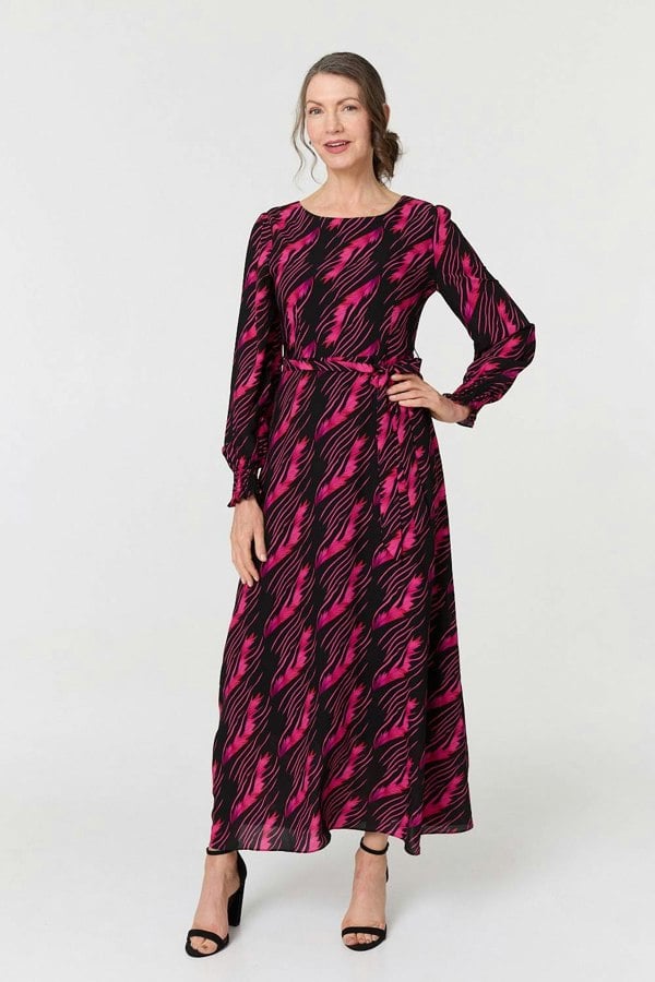 Pink | Printed Tie Waist Semi Sheer Maxi Dress
