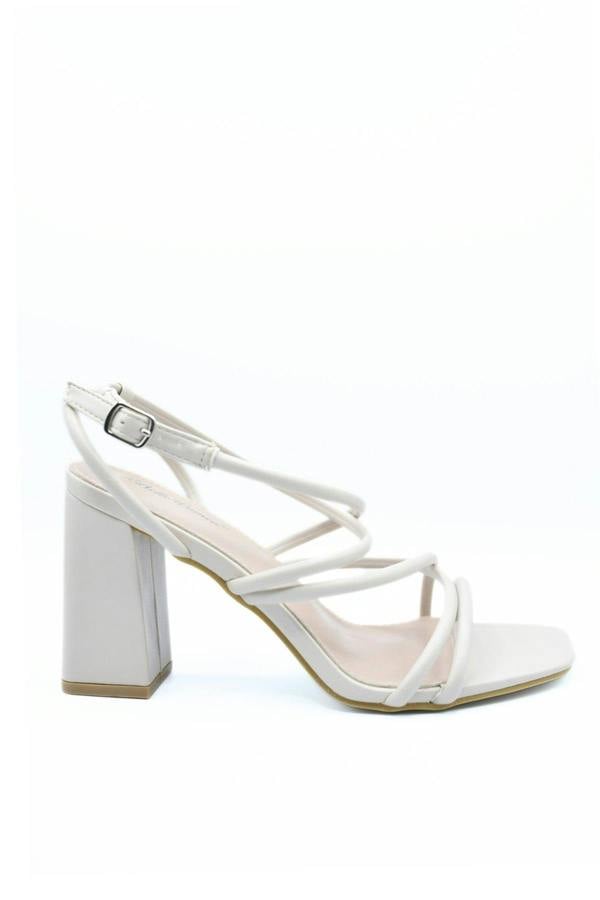 Linda Strappy Buckle Block High Heels - Beige