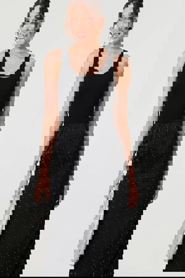 Black | Diamante Detail High Waist Midi Skirt
