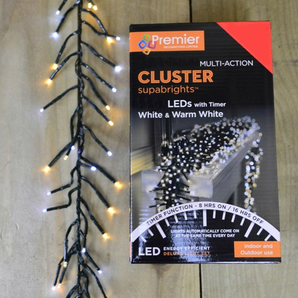 Samuel Alexander 2000 LED 25m Premier Clusterbrights Indoor Outdoor Mains Operated Christmas Cluster Lights with Timer in Cool & Warm White