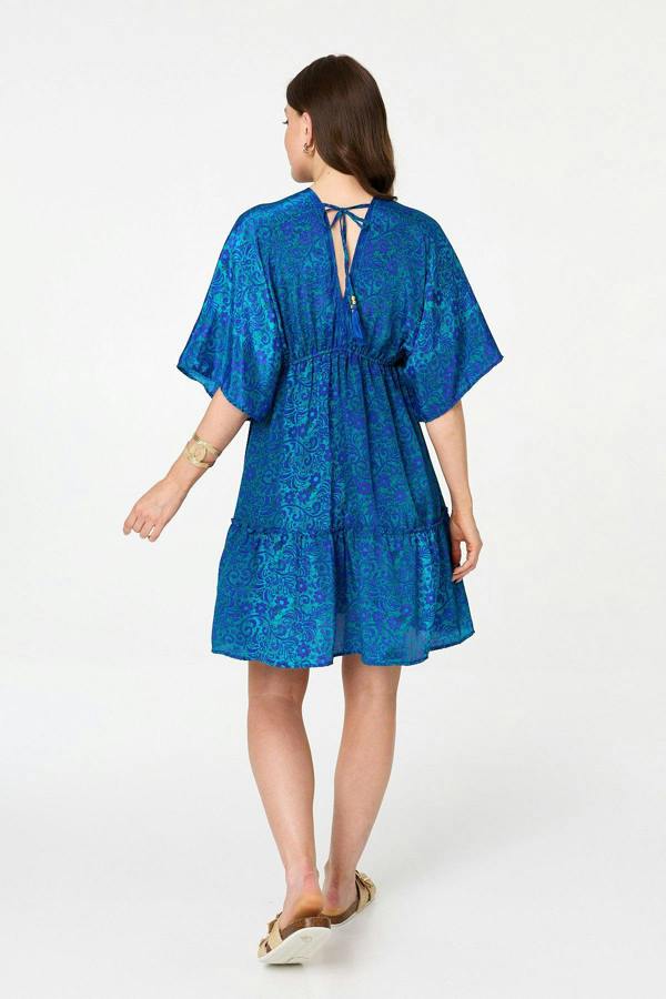 Blue | Paisley 3/4 Sleeve Relaxed Short Dress
