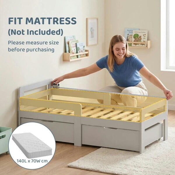Wooden Kids Bed Frame with 2 Storage Drawers and Guard Rails for Ages 4-14, 144 x 76 x 57 cm (No Mattress), Grey
