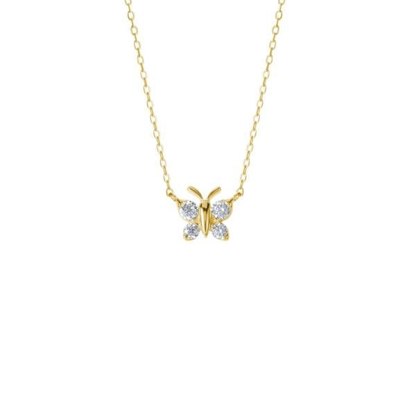 A BLOOMTINE Enchanting Flutterfly™ Necklace in 18k Gold Vermeil. This 9mm butterfly pendant features four brilliant-cut lab moissanites, designed as a symbolic talisman for transformation and resilience, shown on a clean white background to highlight its auric glow