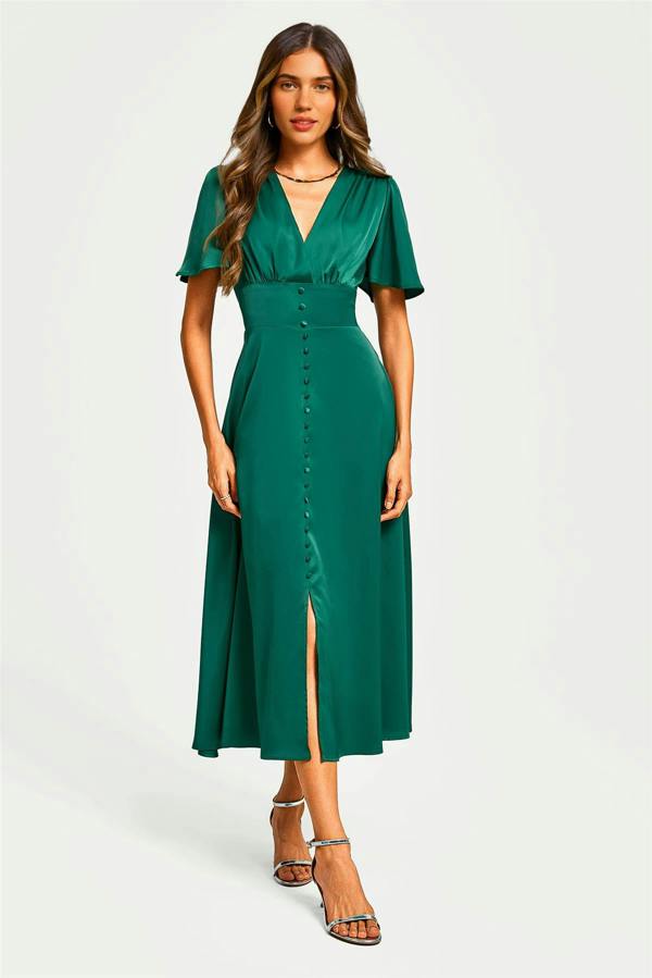 FS Collection Satin V neckline Button Detail Dress In Green