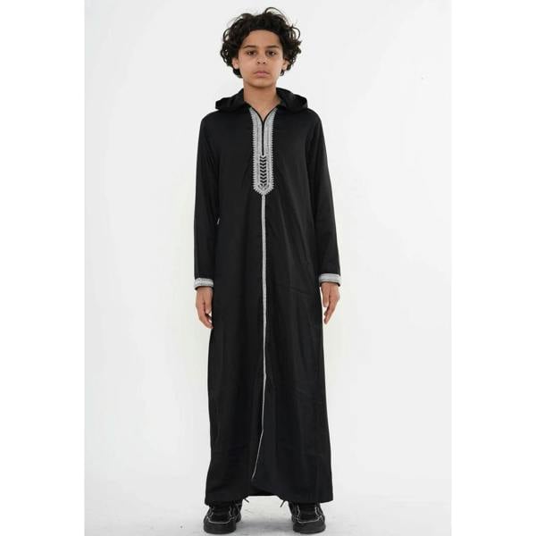 Boy's Moroccan Thobe Hooded Gandoura Embroidery Jubba - Black - Thobez - 4