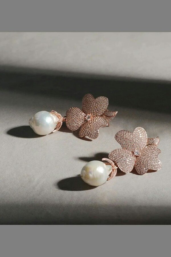 Latelita Baroque Pearl White Flower Drop Earrings Rosegold